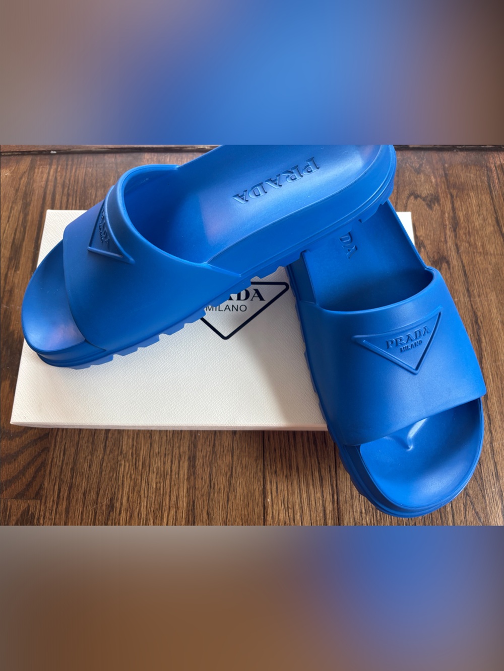 NWT Prada Electric Blue Rubber Slide Sandals
